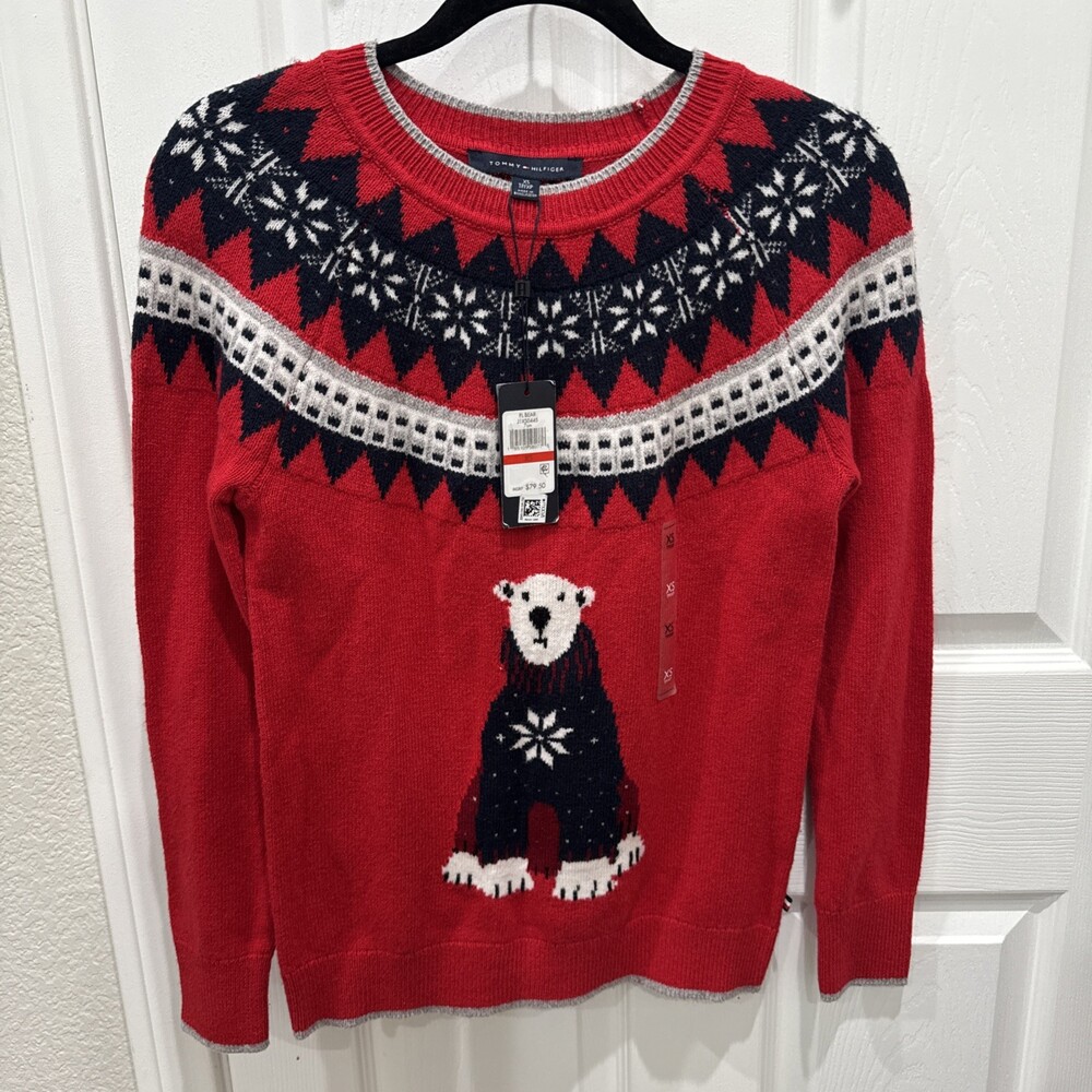Tommy Hilfiger Polar Bear Fair Isle Christmas Holiday Sweater Red Women’s XS NWT